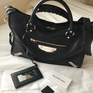 BALENCIAGA Black Calfskin Leather Silver Metal Plate City AJ Satchel Bag